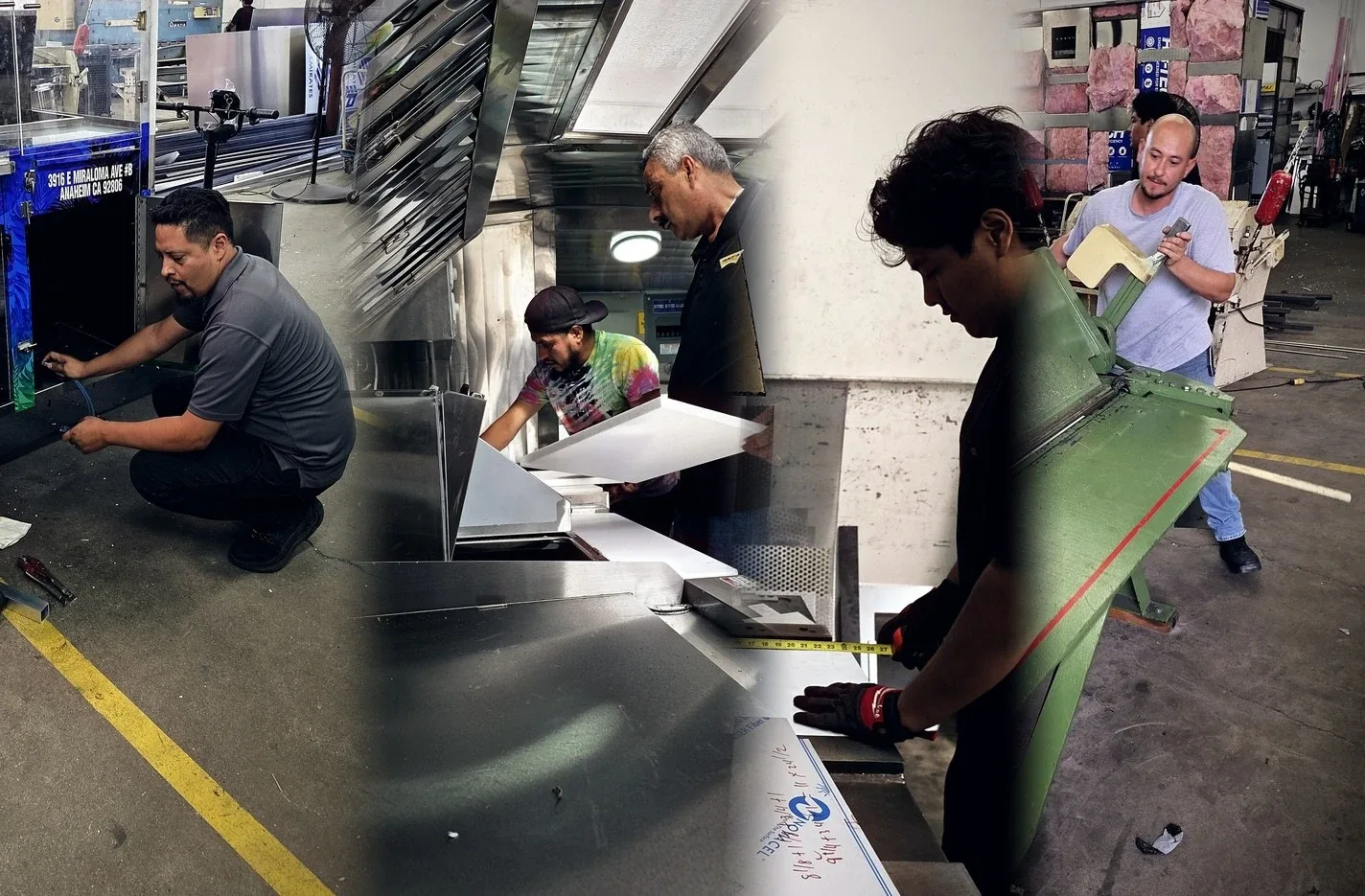 The Flacos team at work in the shop: wiring, fitting stainless steel and measuring panels