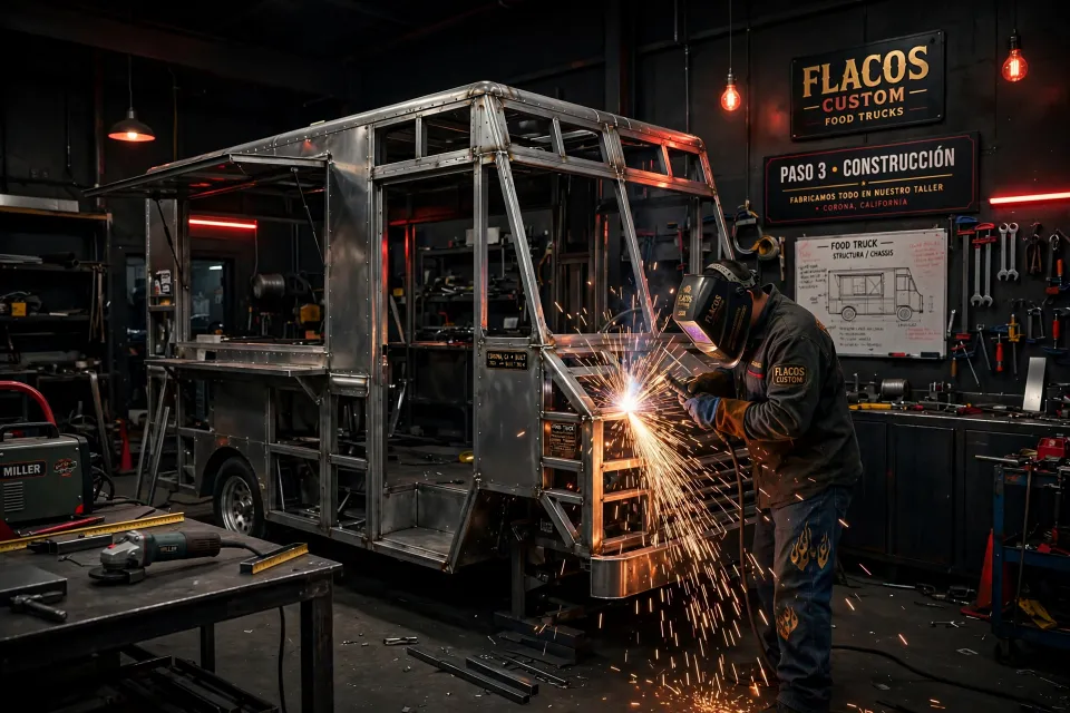 Soldador construyendo la estructura de un food truck en el taller de Flacos